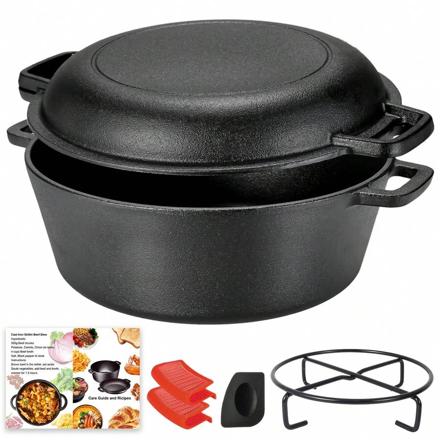 Camping Cooking Dutch Oven - 2-In-1 Pre-Seasoned Cast Iron Dutch Oven