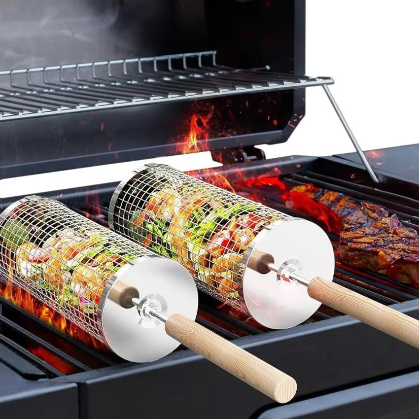 Camping Cooking Grill - Round Barbecue Grill Basket Set, Stainless