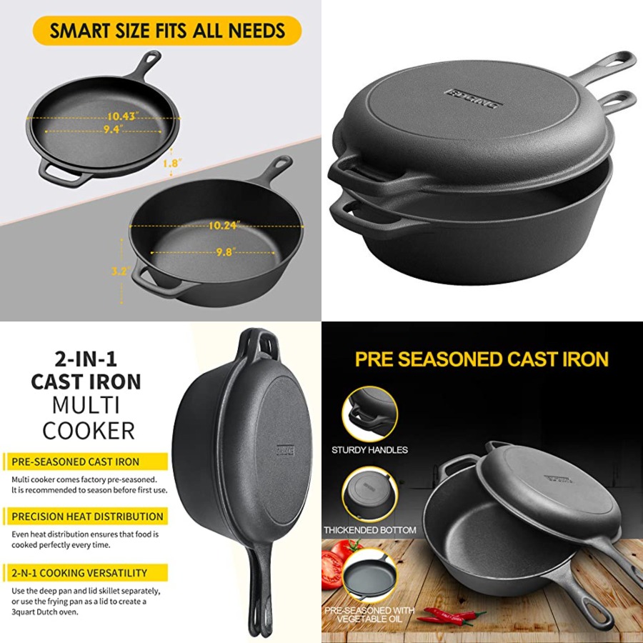Camping Cooking Dutch Oven - 2-in-1 Pre-Seasoned Cast Iron Dutch Oven