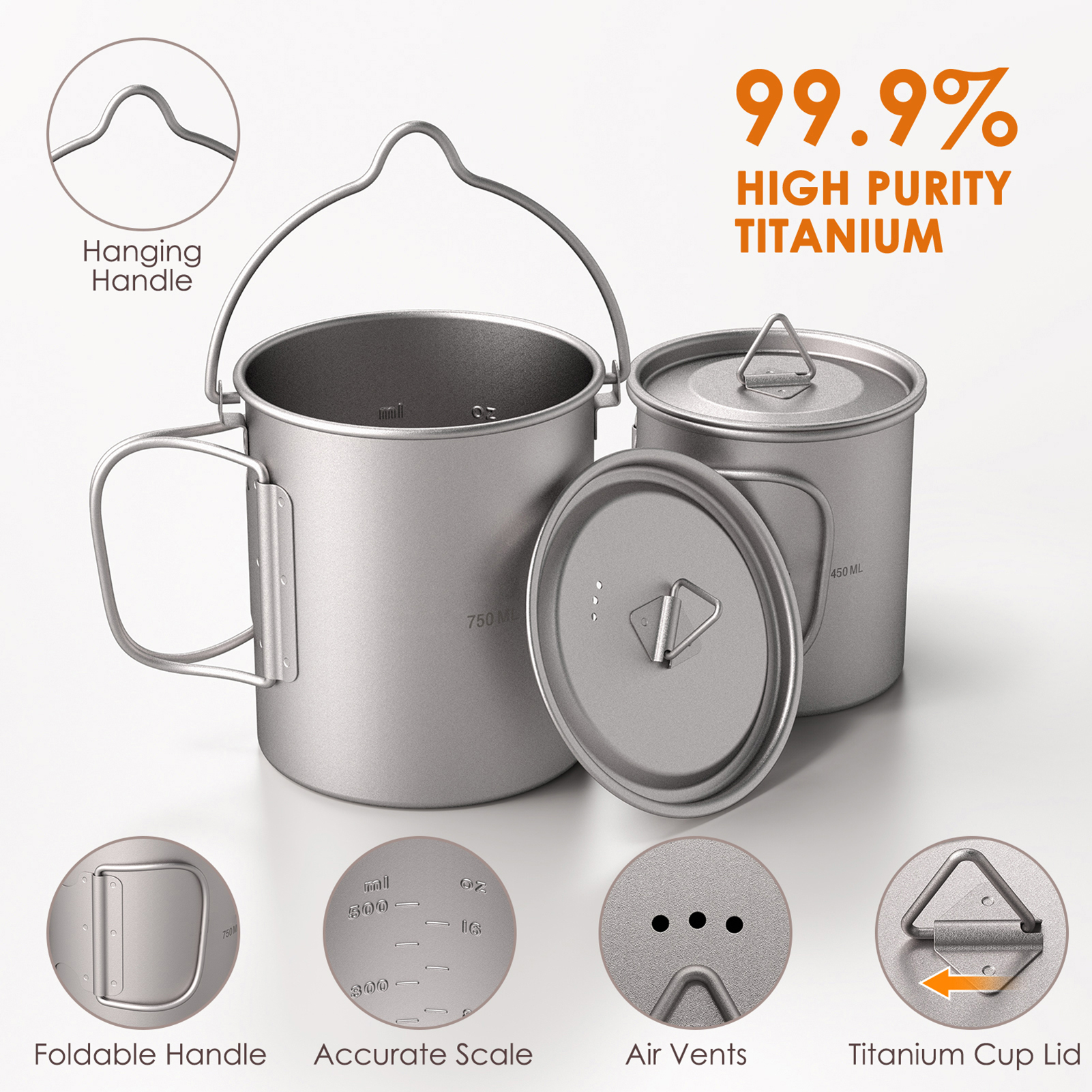 Camping Cooking Pot With Lid - Ultralight 750ml Titanium Pot Portable Titanium