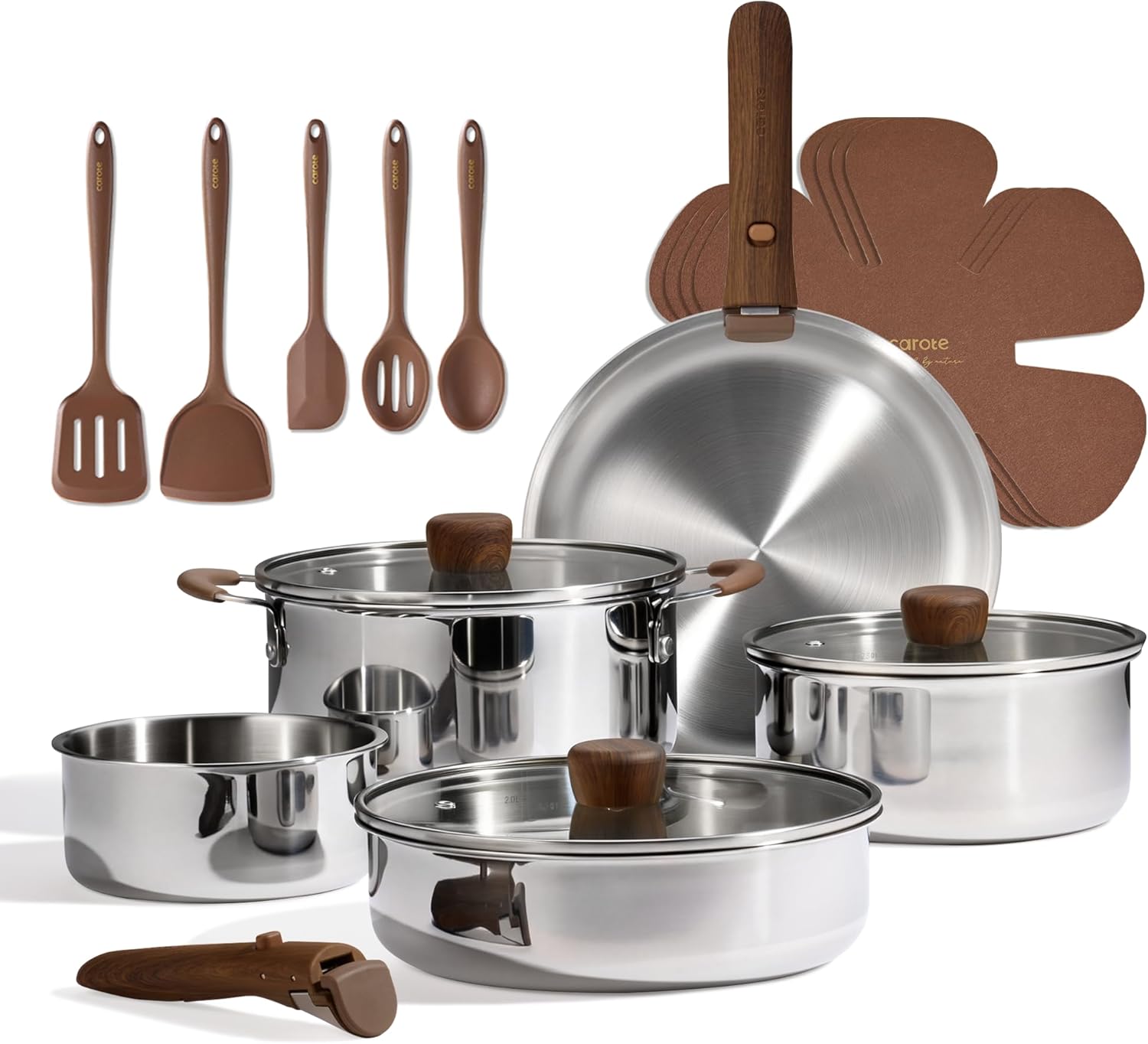 19pcs Stainless Steel Cookware - Camping Cooking Set Detachable Handle recension och pris