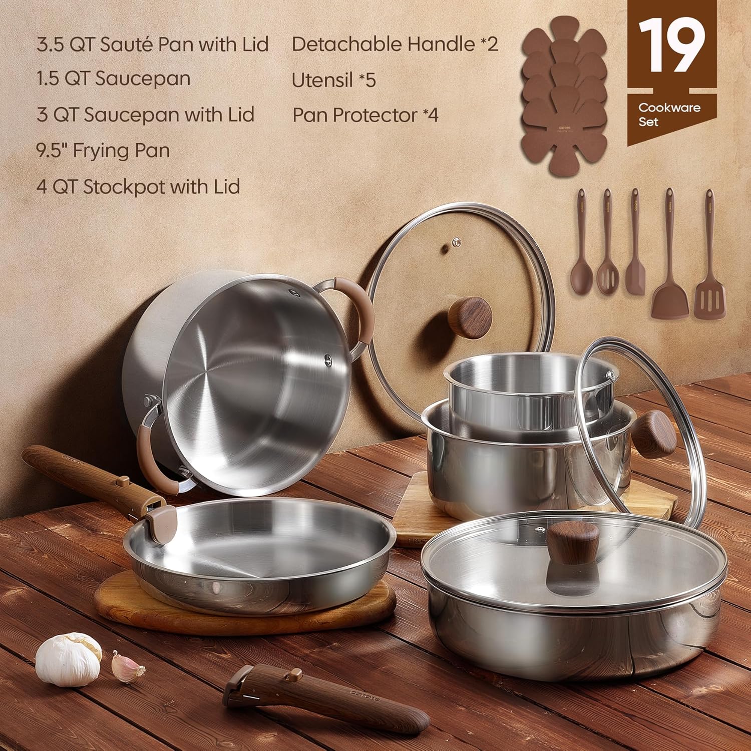 19pcs Stainless Steel Cookware - Camping Cooking Set Detachable Handle recension och pris